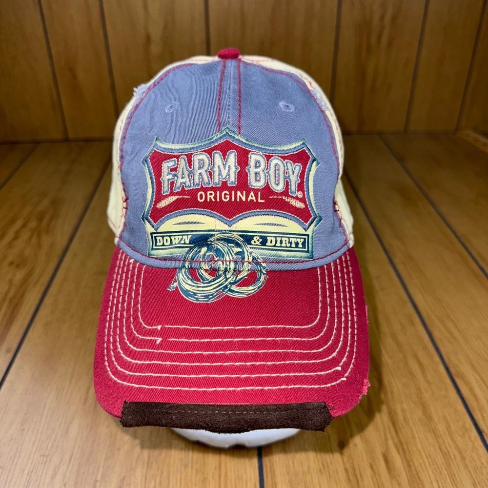 Farm Boy Original Down & Dirty Distressed Baseball Cap Hat Red Blue Cream OSFA